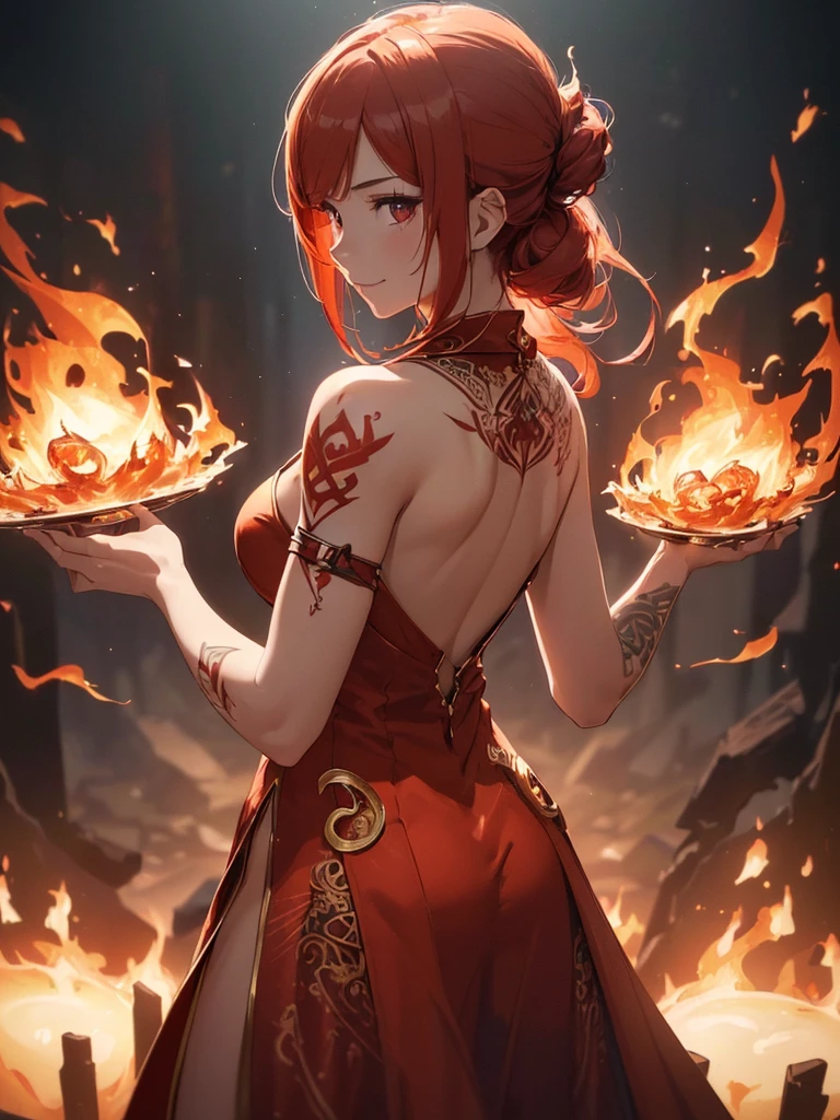 (((best quality, sharp image, clear image, cinematic lighting, 8k resolution, masterpiece, ultra detailed, intricate))) Girl, ((shot from behind)), ((close up)), look at viewer, fire mage, ((intricate background)), ((chaotic background)), red hair, smiling, ((flame runes, flame sigils)), (tatoo on back), slim figure, flying sigils, long dress, cute