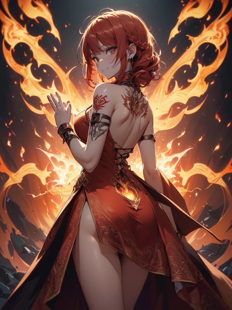 (((best quality, sharp image, clear image, cinematic lighting, 8k resolution, masterpiece, ultra detailed, intricate))) Girl, ((shot from behind)), ((close up)), look at viewer, fire mage, ((intricate background)), ((chaotic background)), red hair, smiling, ((flame runes, flame sigils)), (tatoo on back), slim figure, flying sigils, long dress, cute