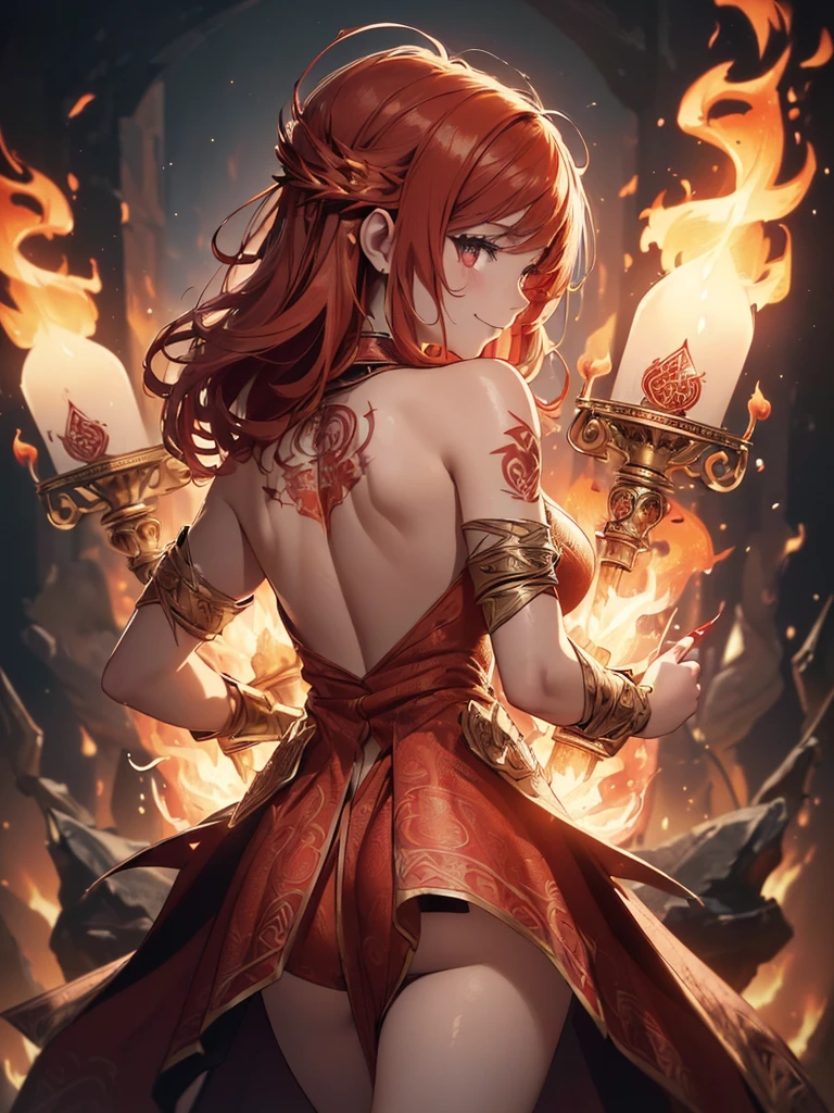(((best quality, sharp image, clear image, cinematic lighting, 8k resolution, masterpiece, ultra detailed, intricate))) Girl, ((shot from behind)), ((close up)), look at viewer, fire mage, ((intricate background)), ((chaotic background)), red hair, smiling, ((flame runes, flame sigils)), (tatoo on back), slim figure, flying sigils, long dress, cute
