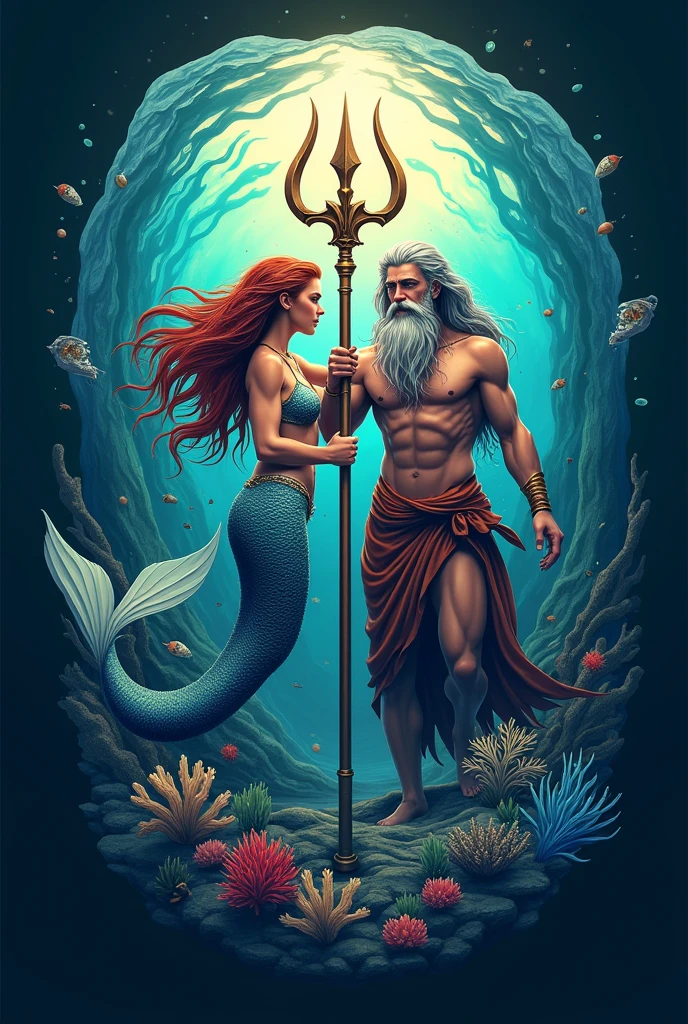 A logo with a mermaid, poseidon and a trident