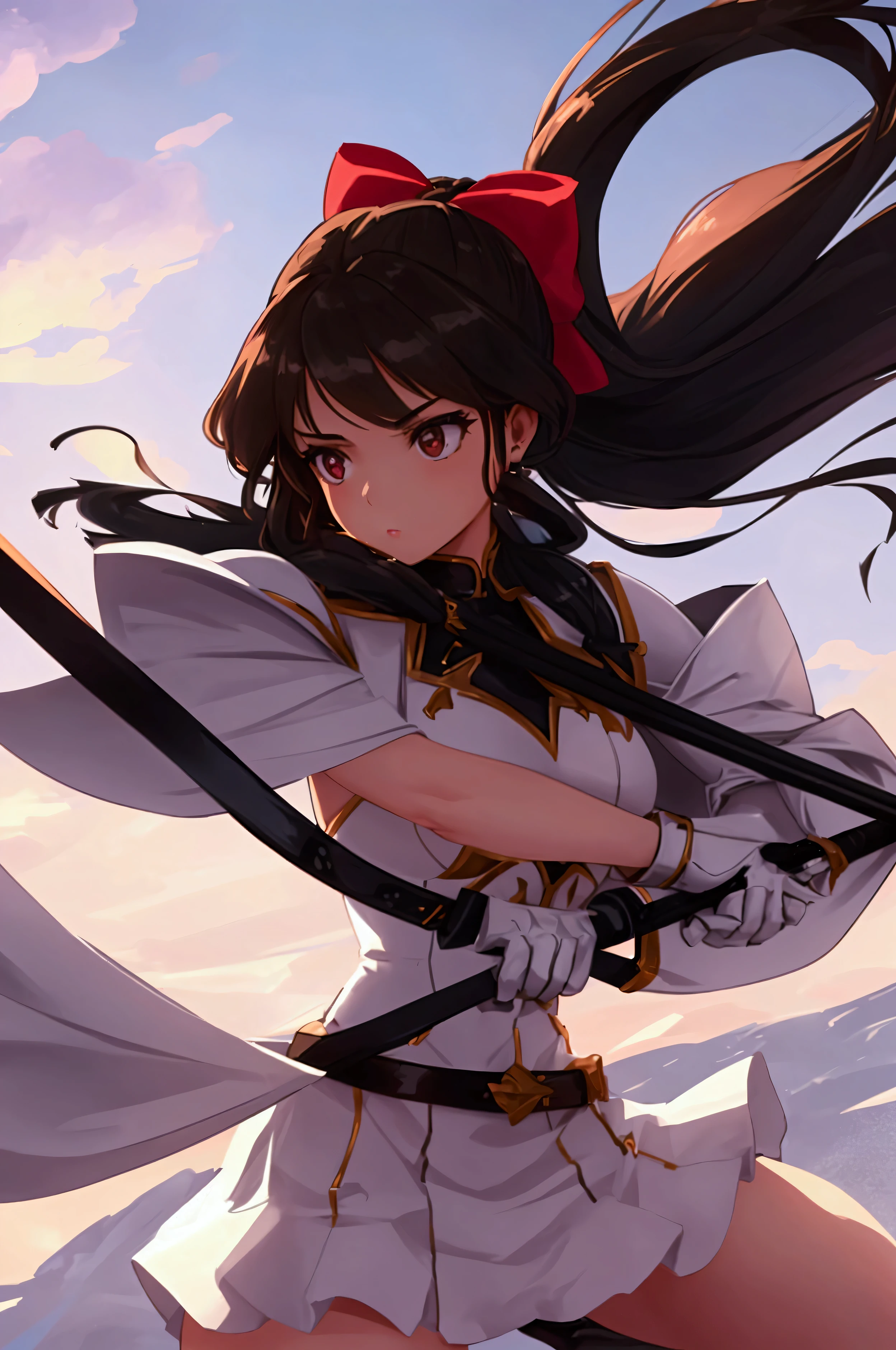 a photo of a girl with a bow in a battle essenary with an epic background behind her over the text "Ciara".