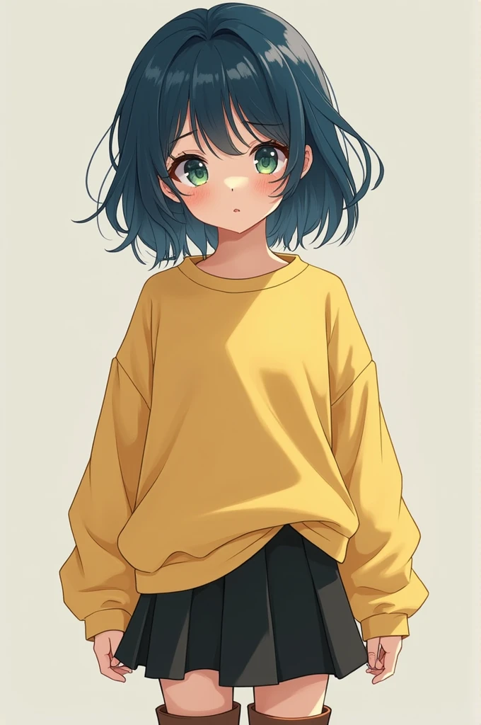 Girl with androgynous features, NAVY BLUE HAIR, green eyes, with freckles on his face, Pale skin, pink lips, wears a yellow loose sweatshirt, black skirt and brown boots, anime style