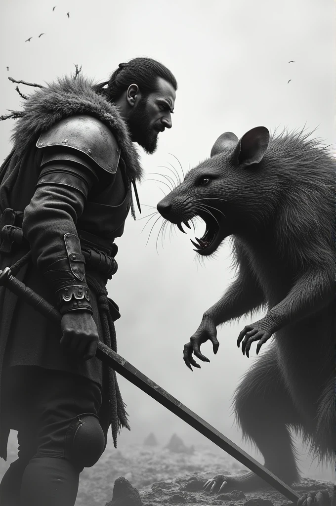 Rat fighting human without helmet medieval black and white no scenery
