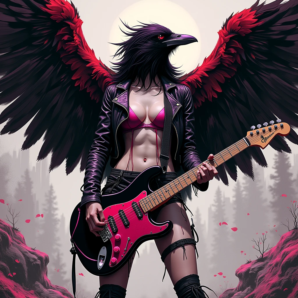 An avant-garde black and white Japanese comic image takes place in a desolate park and shows a surprising figure: a Crow with a seductive body of a woman, dressed in torn leather, holding a Fender Stratocaster guitar adorned with red and purple tones. Its muscular form radiates fierce determination as it stands tall, its large black wings spread in a dynamic pose. The scene is bathed in dramatic lighting, with deep shadows and high contrast, creating a gritty texture and vibrant colors that contrast starkly with the dystopian theme. The background is rough and chaotic, with surreal elements that add to the explosive atmosphere. The artwork, digitally painted in high definition, features intricate details and chaotic brush strokes, all culminating in a gothic style.