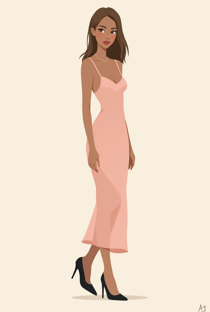 A 2d style thin woman with brown skin, medium straight light brown hair, eyes browns, a pink dress, and a black shoe