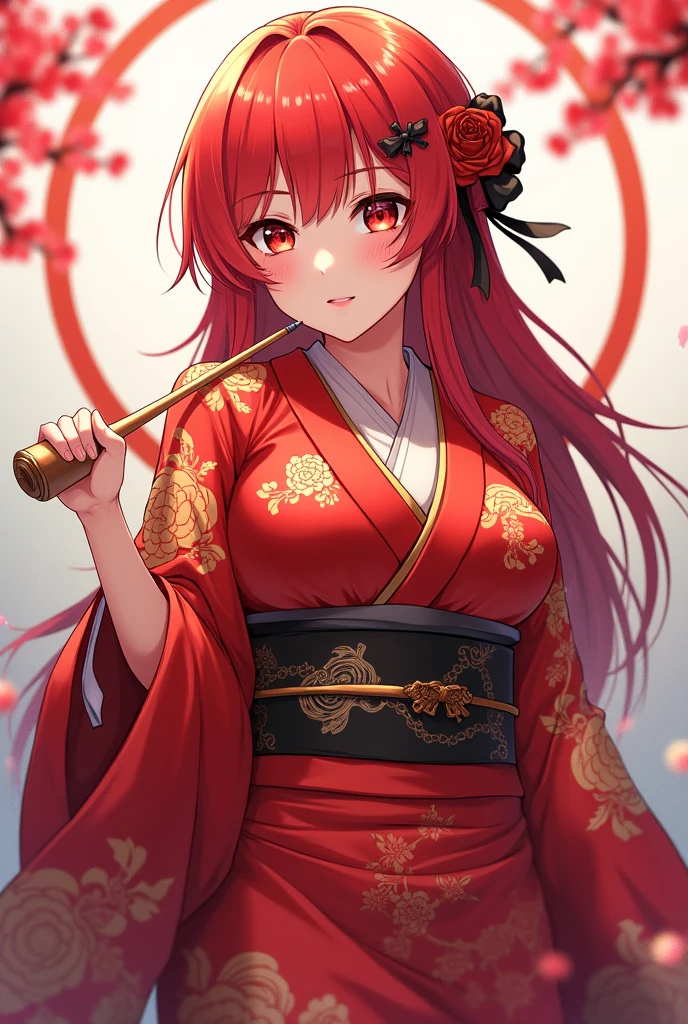Anime big breast kimono red eyes red hair girl pipe