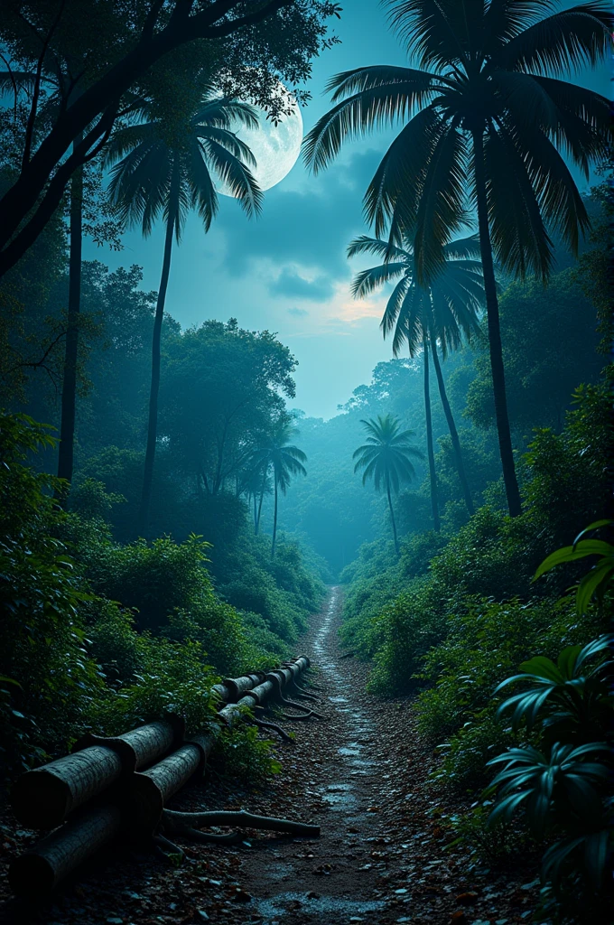 Lush East African jungle closeup with acaia trees huge trees palms lush bushes shrubs bamboo vines forest floor with fallen leaves fallen tree leading to a vast jungle pathway to a huge open clearing during the night in Tanzania