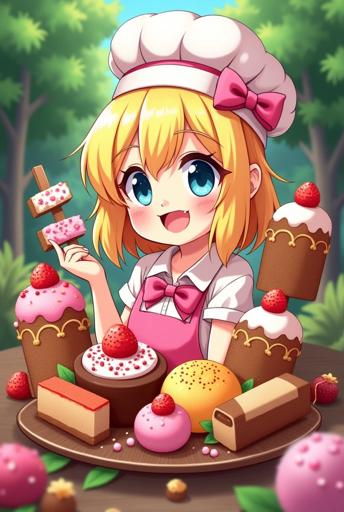 logo,Kizi, anime food, baking art, brigadiers frescas ao fundo, candies, Truffles, brigadiers, chocolates, candies finos, blondie hair