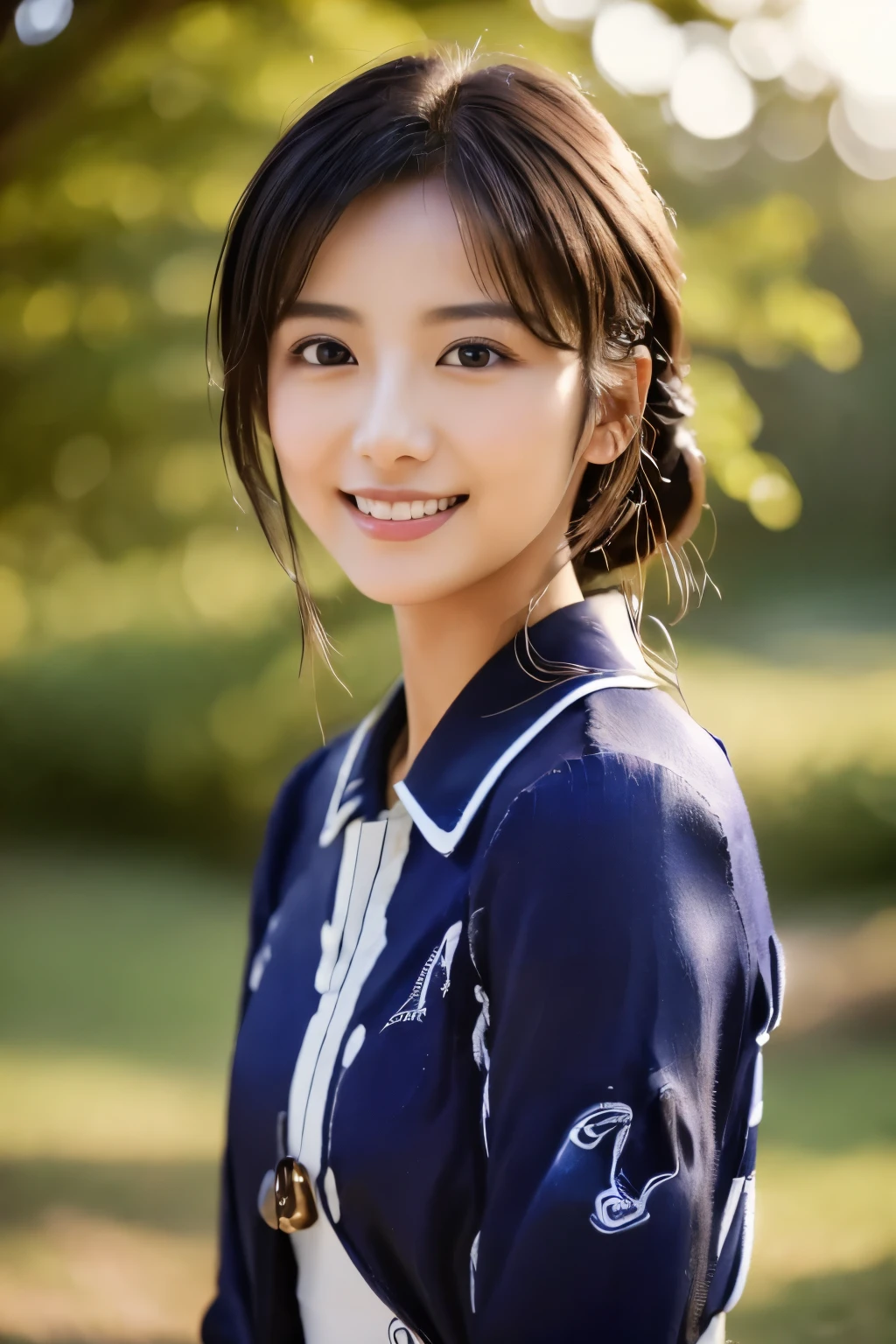 ((Top Quality, 8K, Masterpiece: 1.3)), Sharp Focus: 1.2, (Super Beautiful Face: 1.0), (Slender Abs Beauty: 1.0), (Shiny Skin: 1.0), Realistic Photography, Black Hair, Realistic Pupils, Video Lighting, High Definition Eyes and Face, Video Lighting, (Cowboy Shot: 1.3), (Japanese Cute Actress), in nature, smiling, Looking at the audience, head on
