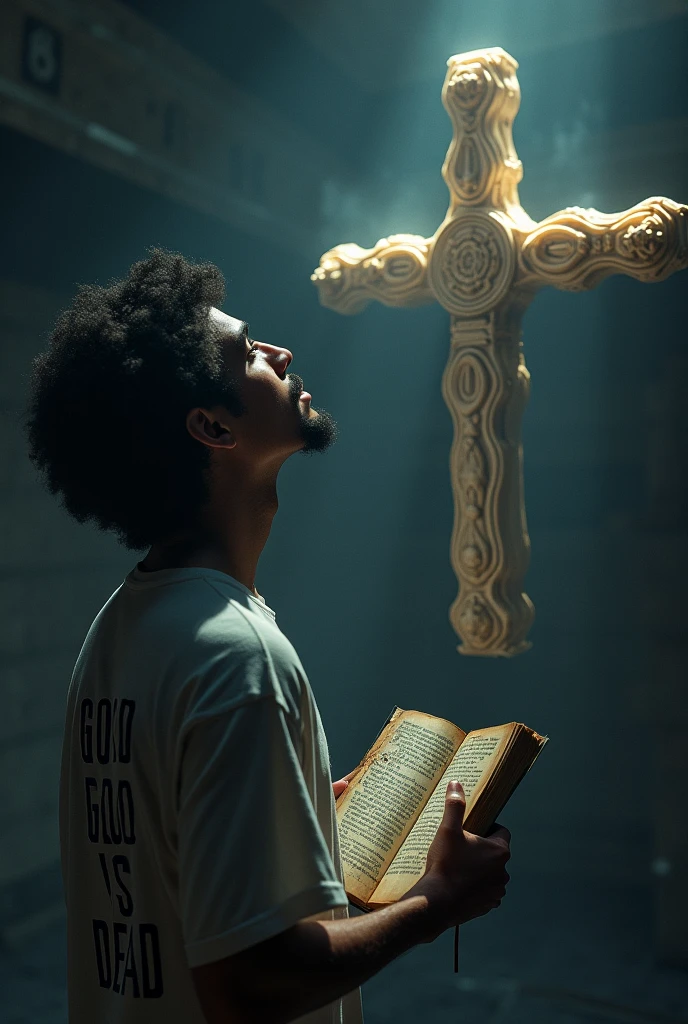 Shirt that says God is dead and a bible in hand and praying to a cross that looks like an avatar

