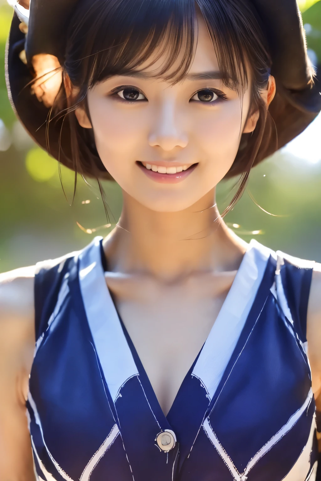 ((Top Quality, 8K, Masterpiece: 1.3)), Sharp Focus: 1.2, (Super Beautiful Face: 1.0), (Slender Abs Beauty: 1.0), (Shiny Skin: 1.0), Realistic Photography, Black Hair, Realistic Pupils, Video Lighting, High Definition Eyes and Face, Video Lighting, (Cowboy Shot: 1.3), (Japanese Cute Actress), in nature, smiling, Looking at the audience, head on