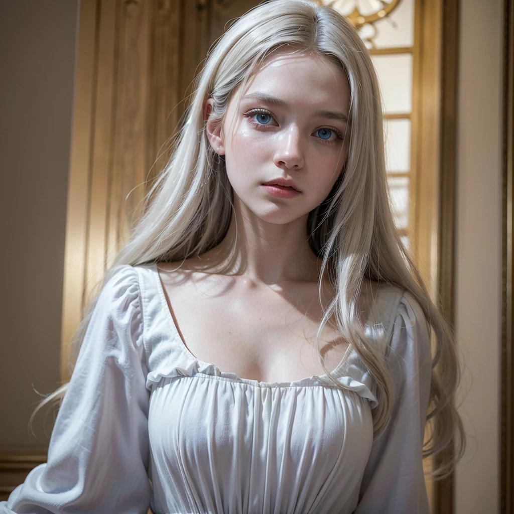 ((best qualityer)), ((work of art)), ((detailded)), super realistico, a beautiful young woman, catholic, young white color, Long, wavy hair, white hair target, blue colored eyes, elegant outfit, top quality picture, super realistico, 8 k quality, ultra realisitic, ultra definition, cinema quality