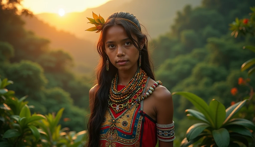 indígena shuar girl, ecuadorian woman, standing in front of a beautiful lush, amazon jungle landscape, vibrant colors, sunrise, masterpiece, hyper realistic, kodak film, nikon zfc camera, sigma art 18mm lens, detailed facial features, intricate clothing, tribal patterns, beautiful natural setting, warm lighting, photorealistic, 8k, high quality