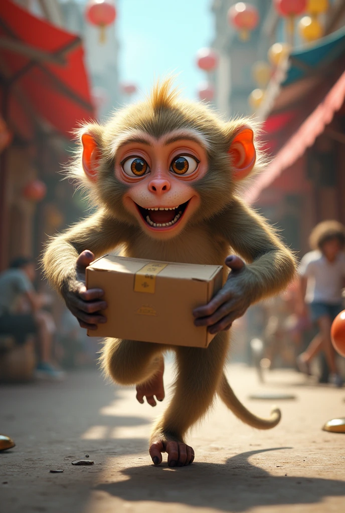 a crazy macaque runs with a box in his hands