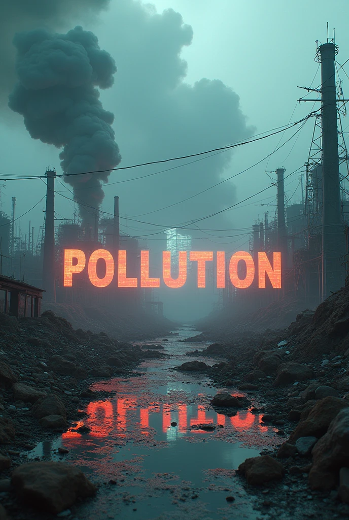 Generate an image where an electronic text is developed with the theme of pollution