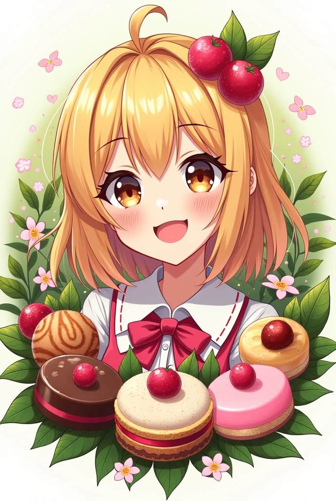 logo,Kizi, anime food, baking art, brigadiers frescas ao fundo, candies, Truffles, brigadiers, chocolates, candies finos, blondie hair, eyes browns
