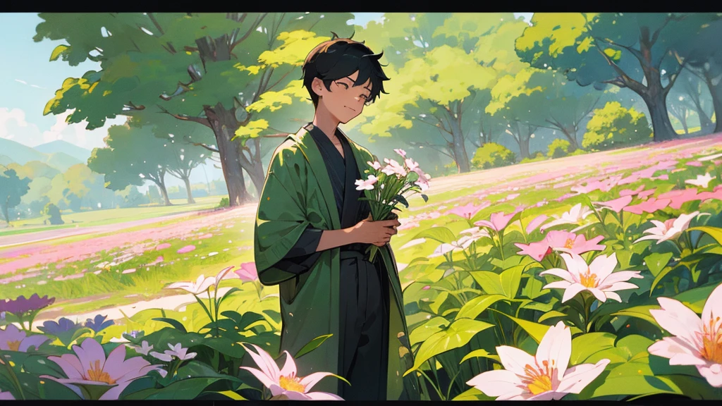 A portrait of a 16-year-old boy standing outside in a beautiful natural setting, such as a lush garden or field. He holds a delicate flower in his hand, looking at it with admiration and affection. The background features vibrant greenery and colorful blooms, emphasizing his connection to the flower and the serene outdoor environment. His expression reflects joy and appreciation for the beauty of nature.