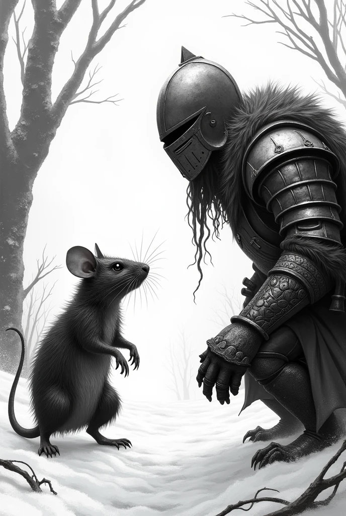 Rat fighting human without helmet medieval black and white cute white scenery