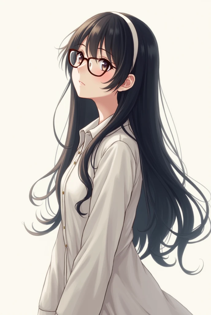 Wearing glasses, 1 Japan, Long Hair, High resolution, Small breasts, sight, Black Hair, Anatomically correct, Sparkling eyes, Eyebrows hidden under hair, hair band, Long shirt dress, Full body portrait,Long Hair, look up, Blushing, Portrait Photography,