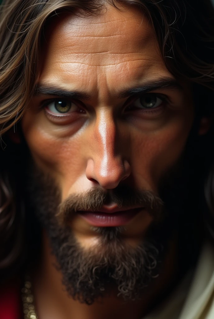 Close-up of Jesus Christ's face, looking directly into the camera with a powerful and intense gaze, exuding strength and authority. His expression is serious, conveying both compassion and an undeniable sense of power. The background is minimal, emphasizing the focus on his facial features and the commanding presence in his eyes