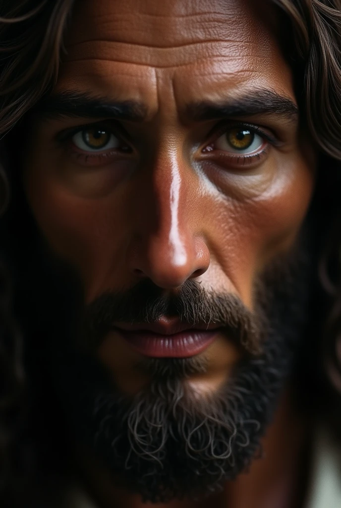 Close-up of Jesus Christ's face, looking directly into the camera with a powerful and intense gaze, exuding strength and authority. His expression is serious, conveying both compassion and an undeniable sense of power. The background is minimal, emphasizing the focus on his facial features and the commanding presence in his eyes