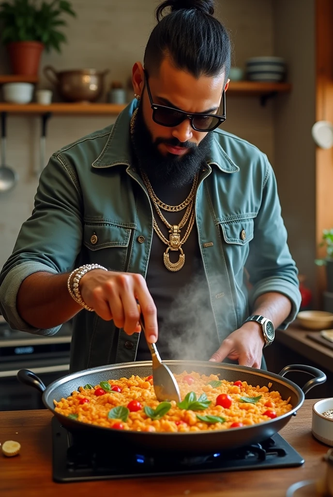 Puerto Rican rapper with sunglasses and a prominent beard cooking a wonderful paella