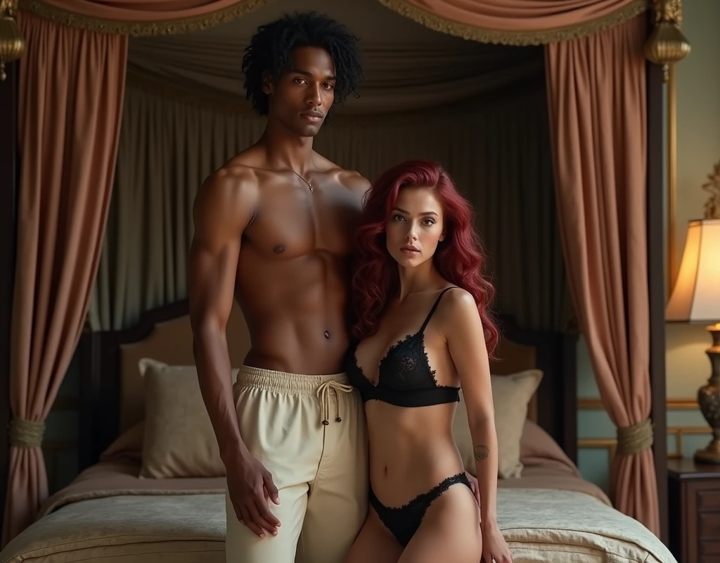 Very tall French-Nubian featured male model that is clean shaven, very loose curled hair, tall thin toned body, cream pants, kind expression, standing behind a shorter young woman, milky snow skin tone, vibrant blood-red-maroon wavy-curled long hair parted to the side, black bra and black panties. Her expression is amused. Inside a classical French bedroom, canopy bed, low lighting.