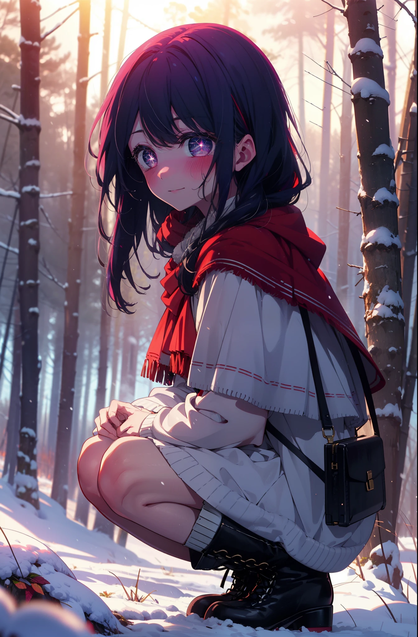 aihoshino, Ai Hoshino, Long Hair, bangs, (Purple eyes:1.1), Purple Hair, (Symbol-shaped pupil:1.5), smile,,smile,blush,white breath,
Open your mouth,snow,Ground bonfire, Outdoor, boots, snowing, From the side, wood, suitcase, Cape, Blurred, , forest, White handbag, nature, Squat, Mouth closed, Cape, winter, Written boundary depth, Black shoes, red Cape break looking at viewer, Upper Body, whole body, break Outdoor, forest, nature, break (masterpiece:1.2), Highest quality, High resolution, unity 8k wallpaper, (shape:0.8), (Beautiful and beautiful eyes:1.6), Highly detailed face, Perfect lighting, Highly detailed CG, (Perfect hands, Perfect Anatomy),