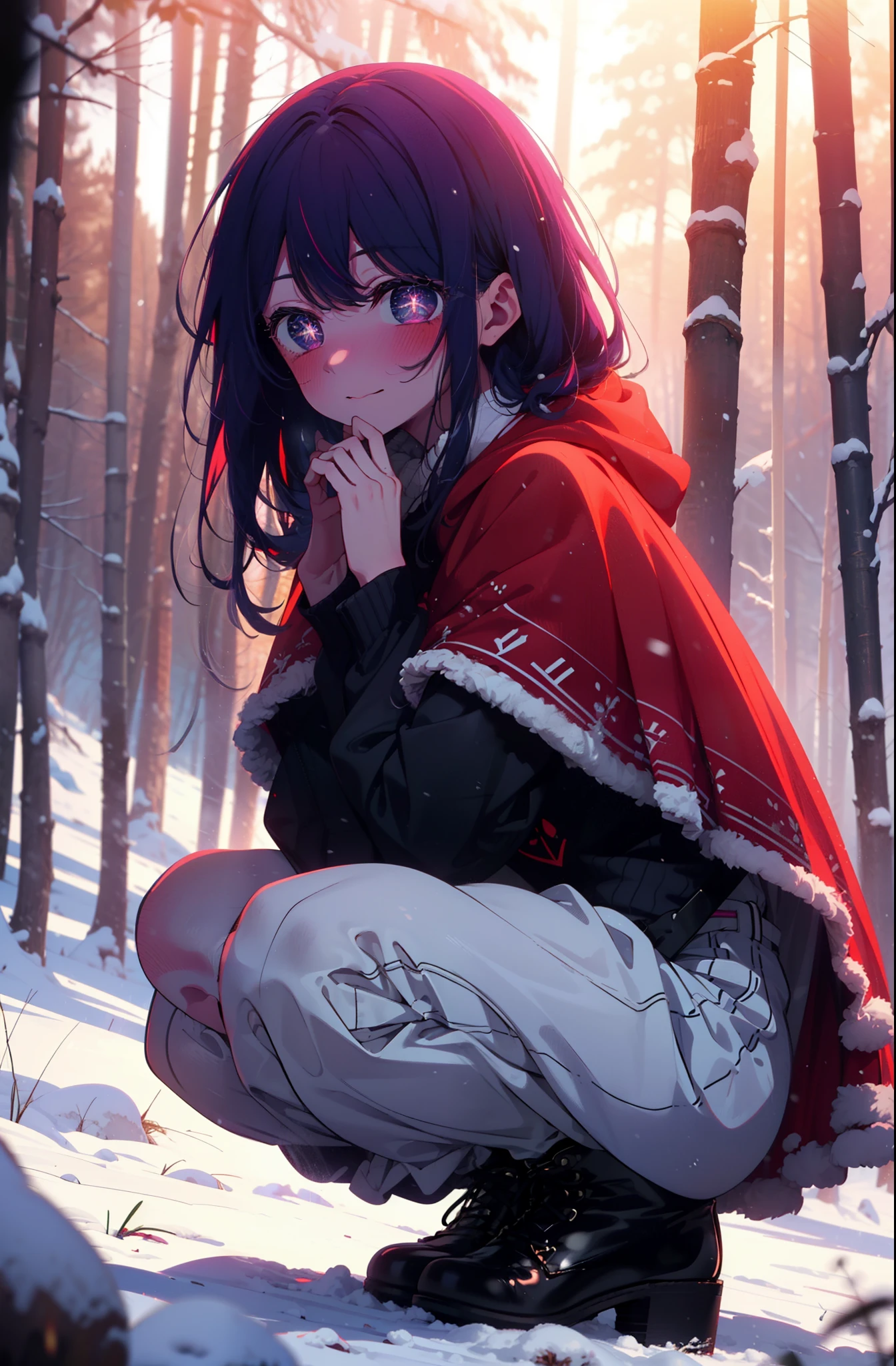 aihoshino, Ai Hoshino, Long Hair, bangs, (Purple eyes:1.1), Purple Hair, (Symbol-shaped pupil:1.5), smile,,smile,blush,white breath,
Open your mouth,snow,Ground bonfire, Outdoor, boots, snowing, From the side, wood, suitcase, Cape, Blurred, , forest, White handbag, nature, Squat, Mouth closed, Cape, winter, Written boundary depth, Black shoes, red Cape break looking at viewer, Upper Body, whole body, break Outdoor, forest, nature, break (masterpiece:1.2), Highest quality, High resolution, unity 8k wallpaper, (shape:0.8), (Beautiful and beautiful eyes:1.6), Highly detailed face, Perfect lighting, Highly detailed CG, (Perfect hands, Perfect Anatomy),