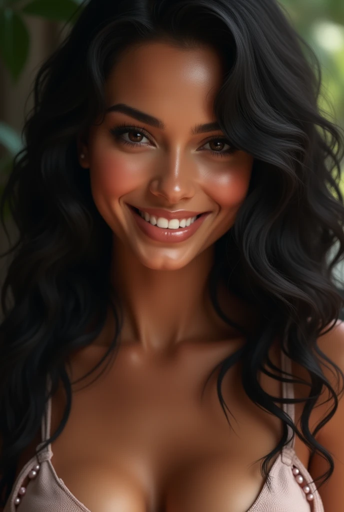 1 beautiful beautiful Brazilian woman, mischievous grin, Bblack hair, wavyhair, fleshy lips, 1.75 tall, Body with curves, beautiful smiling, rare beauty, super detailed brown skin.