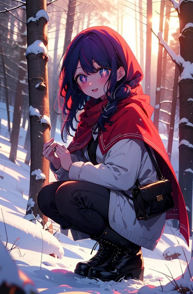 aihoshino, Ai Hoshino, Long Hair, bangs, (Purple eyes:1.1), Purple Hair, (Symbol-shaped pupil:1.5), smile,,smile,blush,white breath,
Open your mouth,snow,Ground bonfire, Outdoor, boots, snowing, From the side, wood, suitcase, Cape, Blurred, , forest, White handbag, nature,  Squat, Mouth closed, Cape, winter, Written boundary depth, Black shoes, red Cape break looking at viewer, Upper Body, whole body, break Outdoor, forest, nature, break (masterpiece:1.2), Highest quality, High resolution, unity 8k wallpaper, (shape:0.8), (Beautiful and beautiful eyes:1.6), Highly detailed face, Perfect lighting, Highly detailed CG, (Perfect hands, Perfect Anatomy),