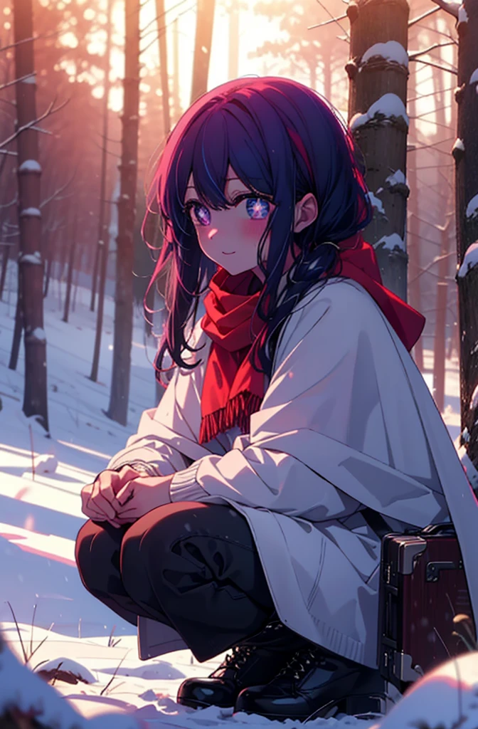 aihoshino, Ai Hoshino, Long Hair, bangs, (Purple eyes:1.1), Purple Hair, (Symbol-shaped pupil:1.5), smile,,smile,blush,white breath,
Open your mouth,snow,Ground bonfire, Outdoor, boots, snowing, From the side, wood, suitcase, Cape, Blurred, , forest, White handbag, nature,  Squat, Mouth closed, Cape, winter, Written boundary depth, Black shoes, red Cape break looking at viewer, Upper Body, whole body, break Outdoor, forest, nature, break (masterpiece:1.2), Highest quality, High resolution, unity 8k wallpaper, (shape:0.8), (Beautiful and beautiful eyes:1.6), Highly detailed face, Perfect lighting, Highly detailed CG, (Perfect hands, Perfect Anatomy),