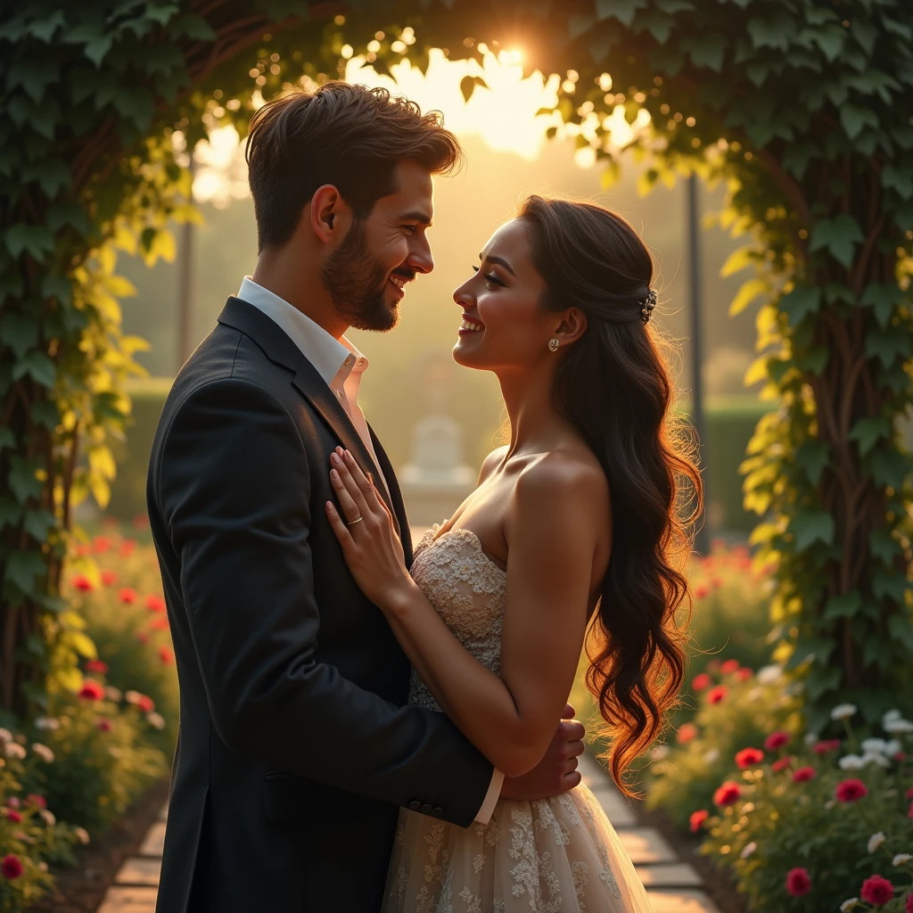 a romantic couple on their first date in a lush garden, holding hands and gazing into each other's eyes, cinematic lighting, highly detailed, photorealistic, 8k, best quality, masterpiece, ultra-detailed, beautiful detailed eyes, beautiful detailed lips, extremely detailed face, longeyelashes, intimate, heartwarming, romantic, dreamlike atmosphere, warm color palette, soft bokeh, natural setting, flowering plants, ivy, stone path, gazebo, (Happy scene)
