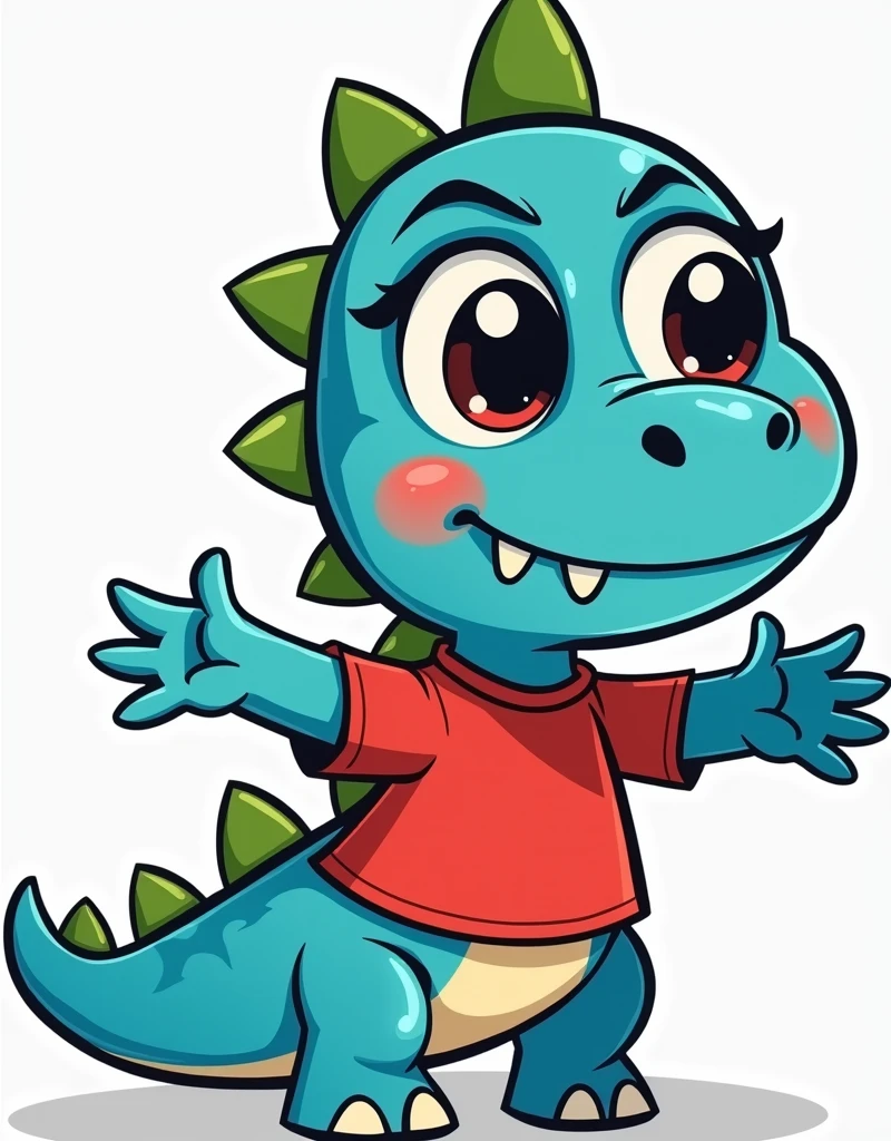 An illustration for children of a dinosaur, with the appearance of an , Very angry face, Very angry, no eyelashes, with red shirt, trouserless, blue skin, green dinosaur crests on the head and tail, cute cartoon smile, full body, with an appearance of tenderness, White background