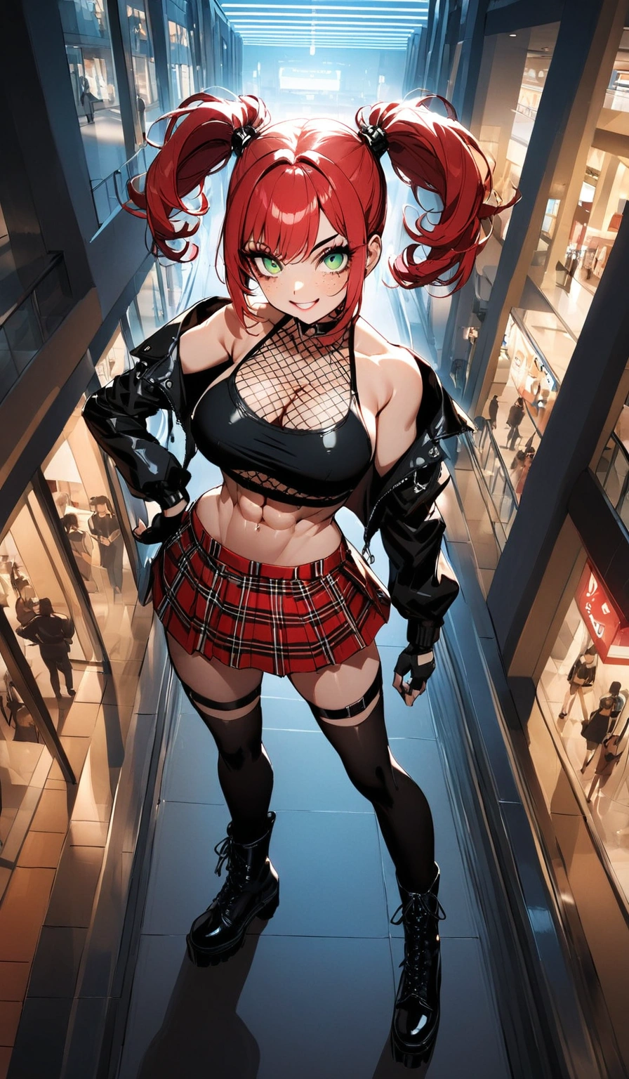 woman, grin, curly red hair in pig tails, green eyes, black eyeshadow, wearing crop top black shirt, long black jacket, red plaid skirt, black knee high boots, black fingerless gloves, exposed shoulders, large breasts, freckles, abs, cleavage, looking up at viewer, cinematic lighting, masterpiece, best quality, Holo-Punk Style, at the mall, make up, eyelashes, fish net undershirt, fish net stockings, (full body)