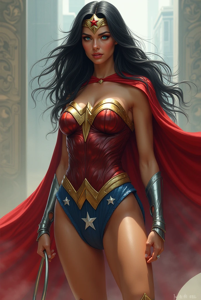 A MUSCULAR FEMALE, WITH LONG BLACK HAIR, BLUE EYES, WITH A SEXY BODY, WEARING A CLASSIC WONDER WOMAN COSTUME AND RED CAPE. ABSURD 8K RESOLUTION, INCREDIBLY DETAILED SKIN AND EYES
