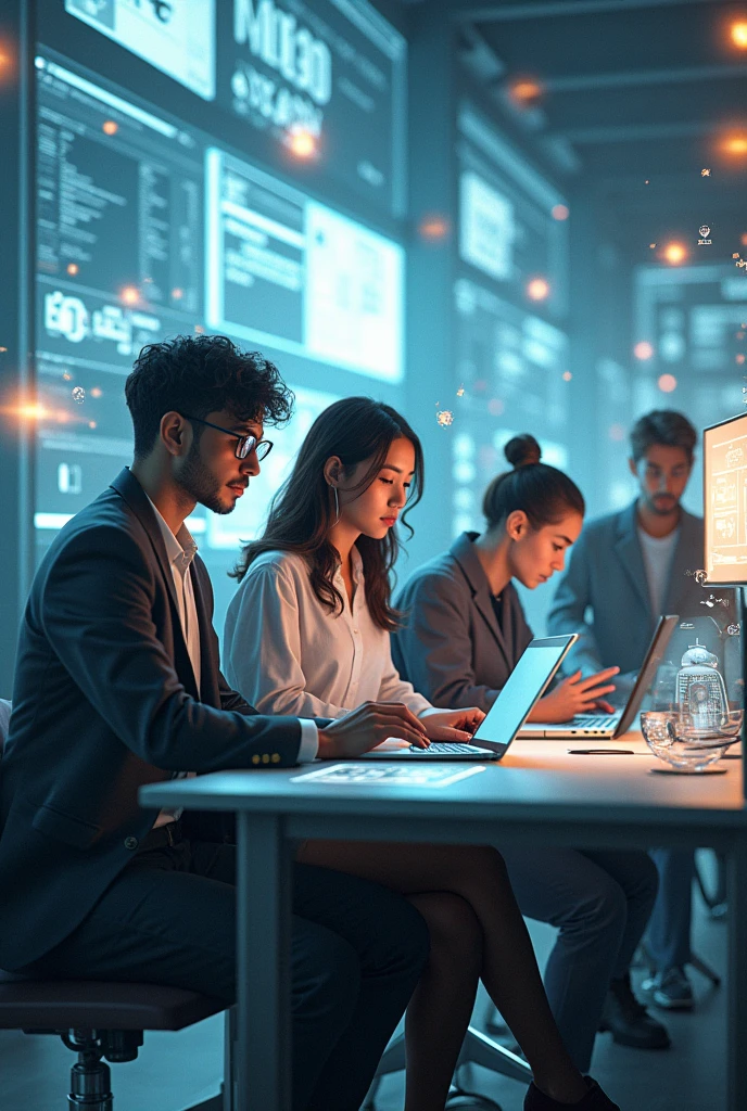 a group of 4 people surrounded by technology