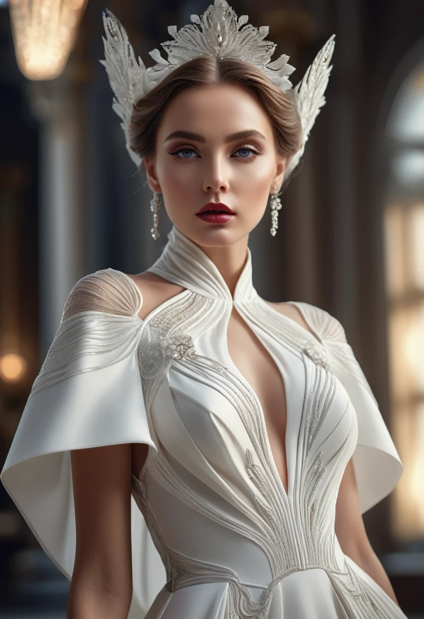 a beautiful woman in a avant-garde style dress, long flowing white dress, detailed elegant accessories, detailed beautiful face, detailed eyes and lips, cinematic lighting, highly detailed, photorealistic, 8k, masterpiece, dramatic composition