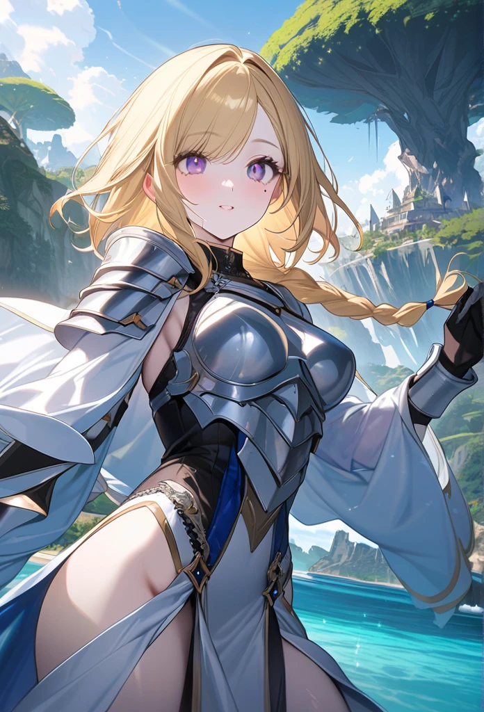 (One Woman),(Best image quality, 32K, masterpiece:1.3),((Blonde,Medium Hair:1.1)),(Swept-apart bangs,Braiding), (Cute eyes, Dark Eyes), (Detailed eyes),(Mole under right eye), (Standard weight), (Glowing Skin:1.1),(Pale skin:1.2),(A fantastic atmosphere),(look up),Ultra-high resolution, Textured skin, Sparkle Effect, adult,
Holy Knight,Paladin,White hex armor with blue decoration,Black innerwear,
Excalibur,
Mysterious giant tree,Floating Island,blue sky,Ocean,