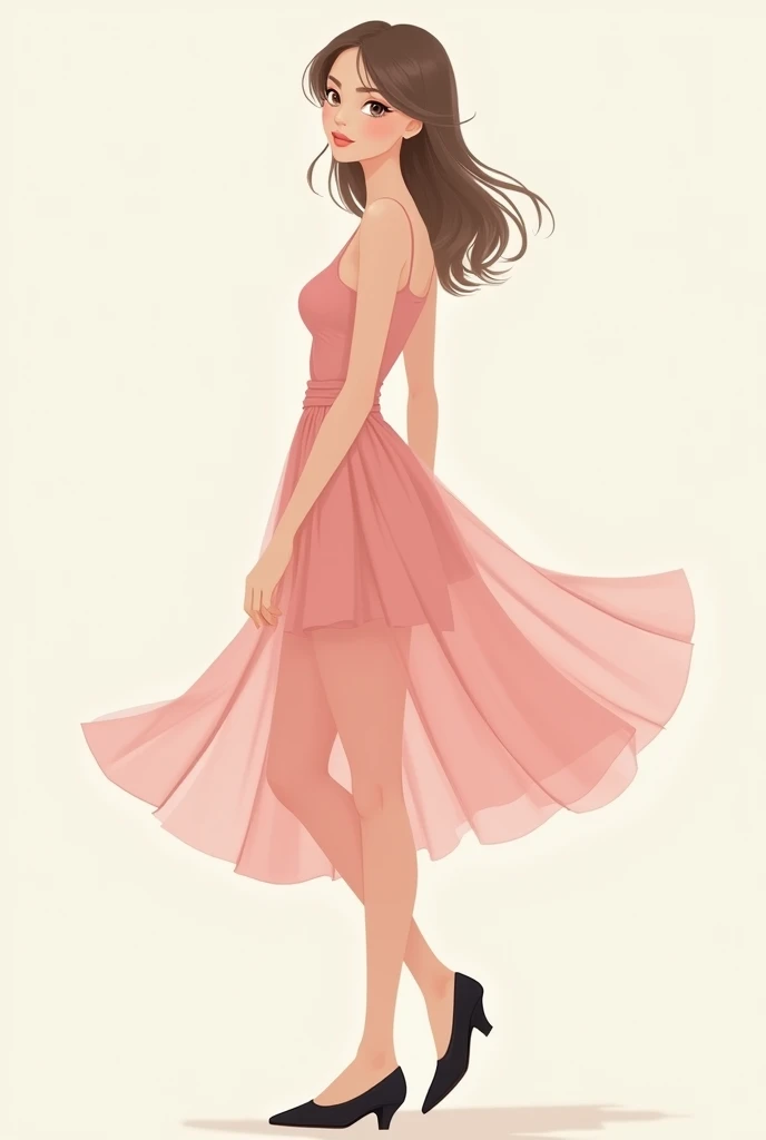 A 2d style thin woman with white skin ,medium straight light brown hair, eyes browns, a pink dress, and a black shoe