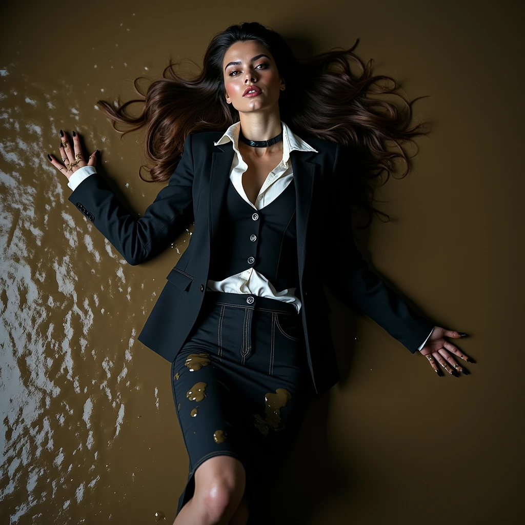 A realistic photo of one slender business goth lady, model-like appearance with long hair. She is dressed in long black business pencil skirt made from cotton fabric, black business jacket made from cotton and wool fabric. black business vest, white muddy shirt, stockings, black choker on the neck. She located in very muddy and flooded office. She lie in flirtatious and modest pose on backs on the floor and mired in dirty water and liquid mud, all her clothes are stained with liquid mud, she smears liquid mud over all her clothes(black business pencil skirt, jacket, vest, shirt, stockings), face, hair from head to toe. Her clothes completely covered in liquid mud. The light brilliantly illuminates all her clothes in details, casting small shadows and emphasizing the texture of the liquid mud on her clothes. View angle of the camera from top and rotated in different angle from the business lady.