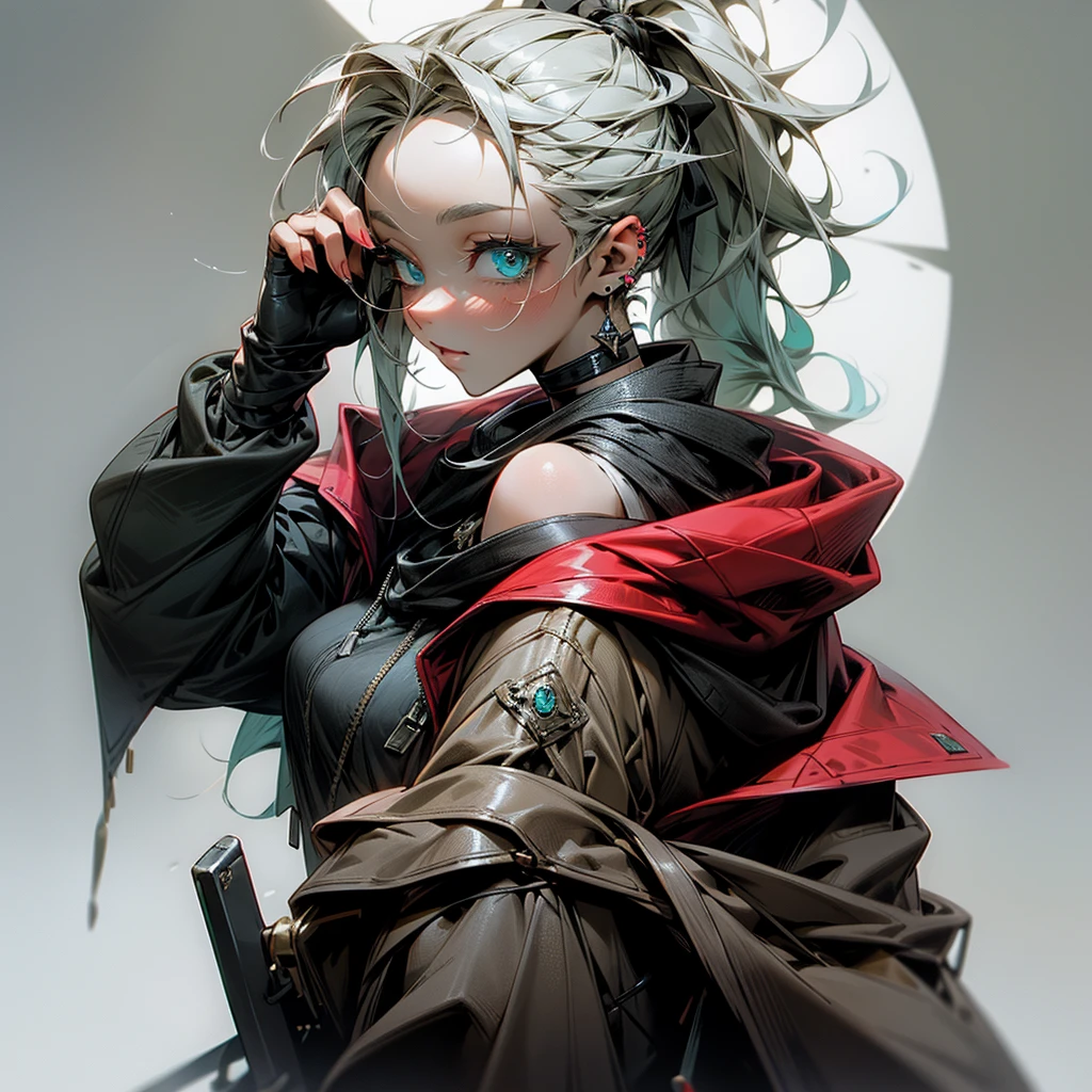 1 woman, aqua eyes, in the back, forehead, bare shoulders, black Gloves, blue eyes, give, choker, earring, fingerless Gloves, from behind, Gloves, gray hair, possession, jacket, bijouterie, long hair, looking at viewer, looking in the back, manicure, off shoulder, chapped lips, piercing, ponytail, red jacket, alone, upper body,He didn&#39;t do that,[[realistic]],(glowing skin),(masterpiece:1.4),(best quality:1.4)