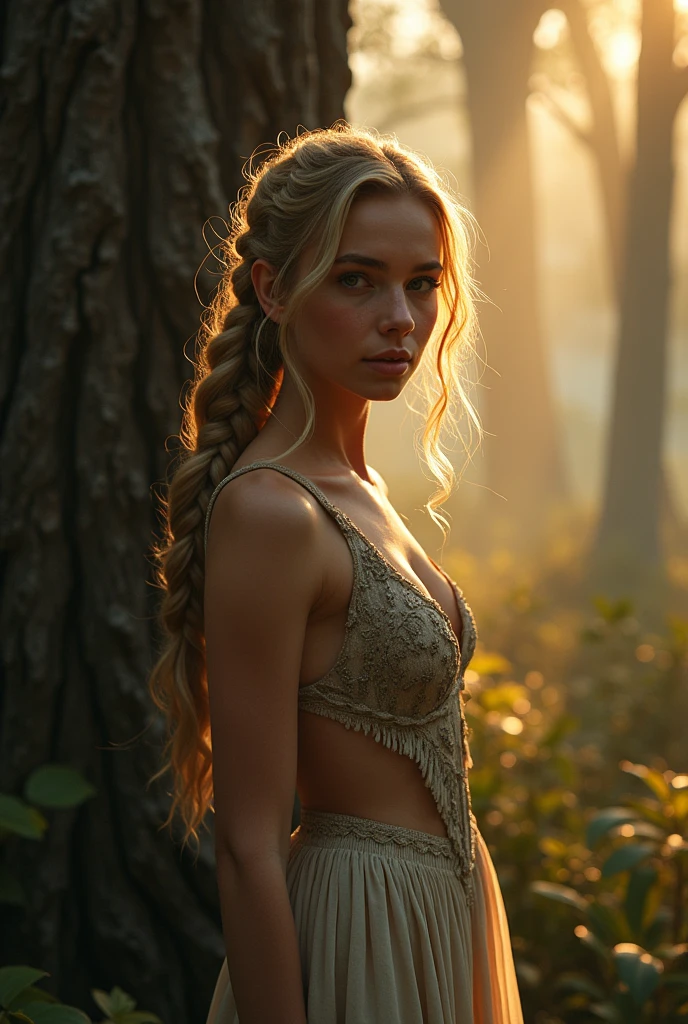 Mid-range camera shot at eye level. An incredibly beautiful girl, slim, big breasts, fit body. Long wavy blonde hair braided. Standing within a dense and deep mystical forest. The forest is shrouded in dense fog. She is standing next to a giant ancient oak tree. She looks playfully at the camera and the sun illuminates her from behind. She wears a revealing elf-style dress. Sunset lighting. Very tall forest vegetation surrounds it.