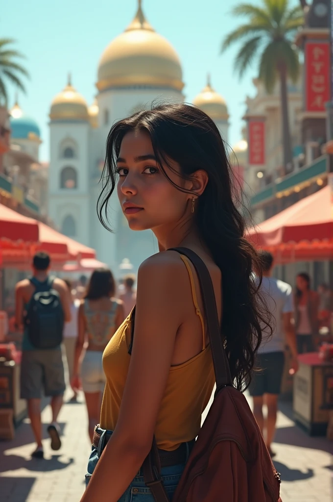 A -yeld giwhose face is not visible, with features that suggest she is Latin American, but not very close to the image.
Y que estés de cuerpo completo en un lugar turístico