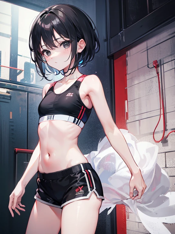 High quality, masterpiece, 1, ()),black hair, short hair, (small chest), black eyes,black sports bra, black hot pants, cowboy shot