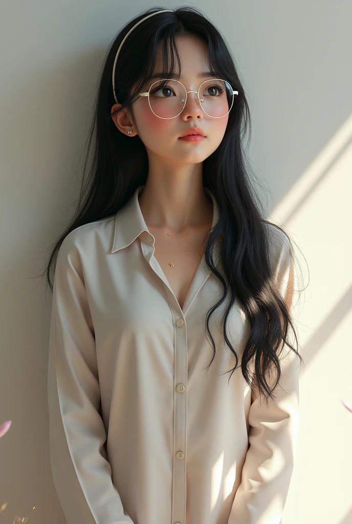 Wearing glasses, 1 Japan, Long Hair, High resolution, Small breasts, sight, Black Hair, Anatomically correct, Sparkling eyes, Eyebrows hidden under hair, hair band, Long shirt dress, Full body portrait,Long Hair, look up, Blushing, Portrait Photography, 3D Rendering,