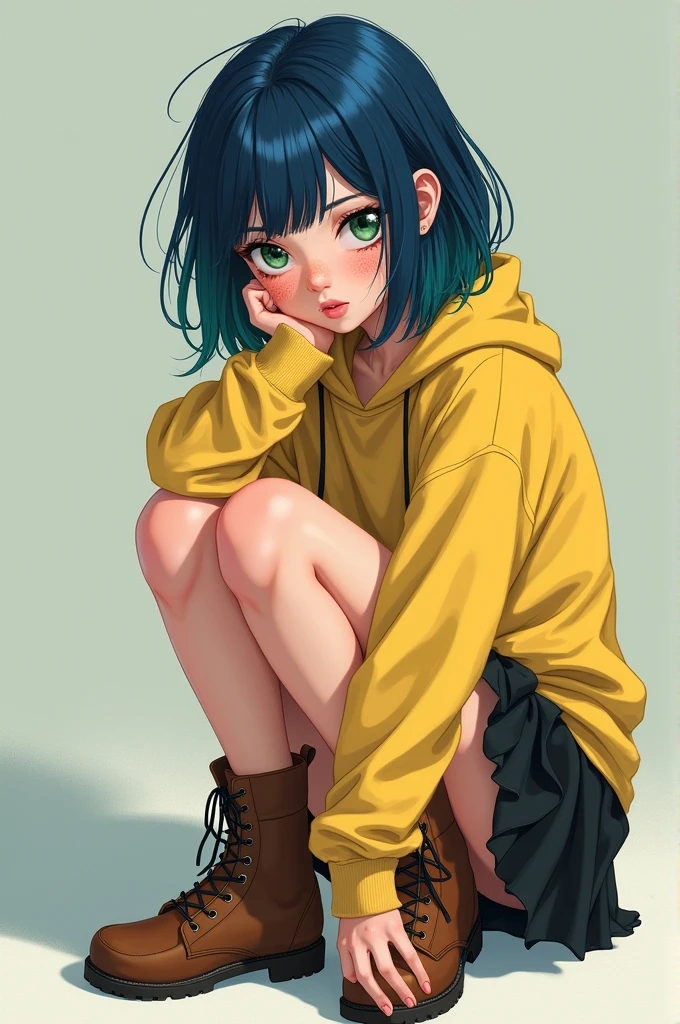 Teenage girl with androgynous features, NAVY BLUE HAIR, green eyes, with freckles on his face, Pale skin, pink lips, wears a yellow loose sweatshirt, black skirt and brown boots, anime style 