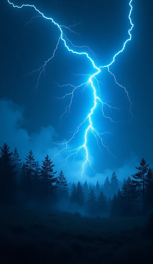 Night sky background with a Forest and with blue lightning in the sky