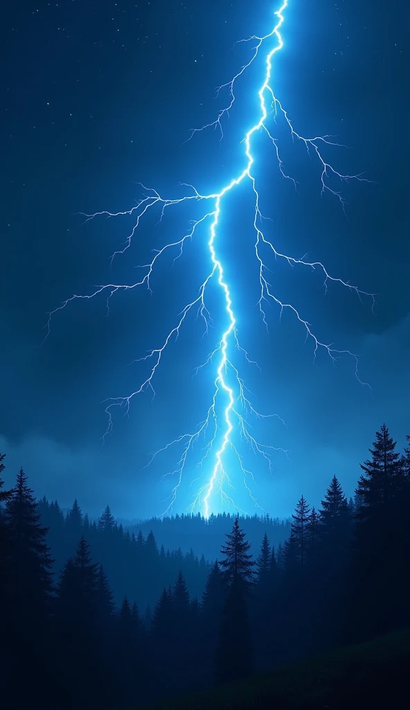 Night sky background with a Forest and with blue lightning in the sky