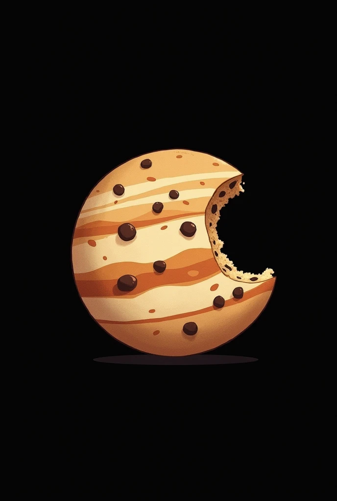 Bitten chocolate chip cookie in the shape of Jupiter on a black background in a minimalist drawing